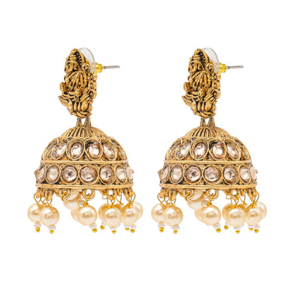 Shining Jewel Traditional Indian Matte Gold Oxidised CZ, Crystal Studded Temple Jhumka Earring For Women - Gold White (SJE_102_G_W)