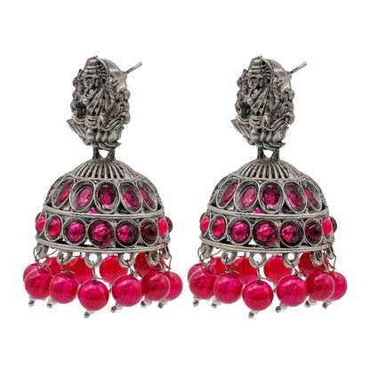 Traditional Indian Matte Silver Oxidised CZ Crystal Studded Temple Jhumka Earring For Women - Silver Maroon (SJE_102_S_M)