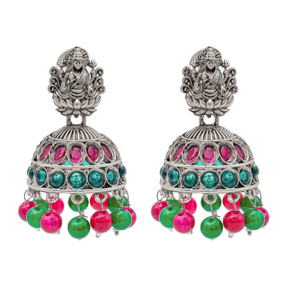 Traditional Indian Matte Silver Oxidised CZ Crystal Studded Temple Jhumka Earring For Women - Silver Maroon (SJE_102_S_M)