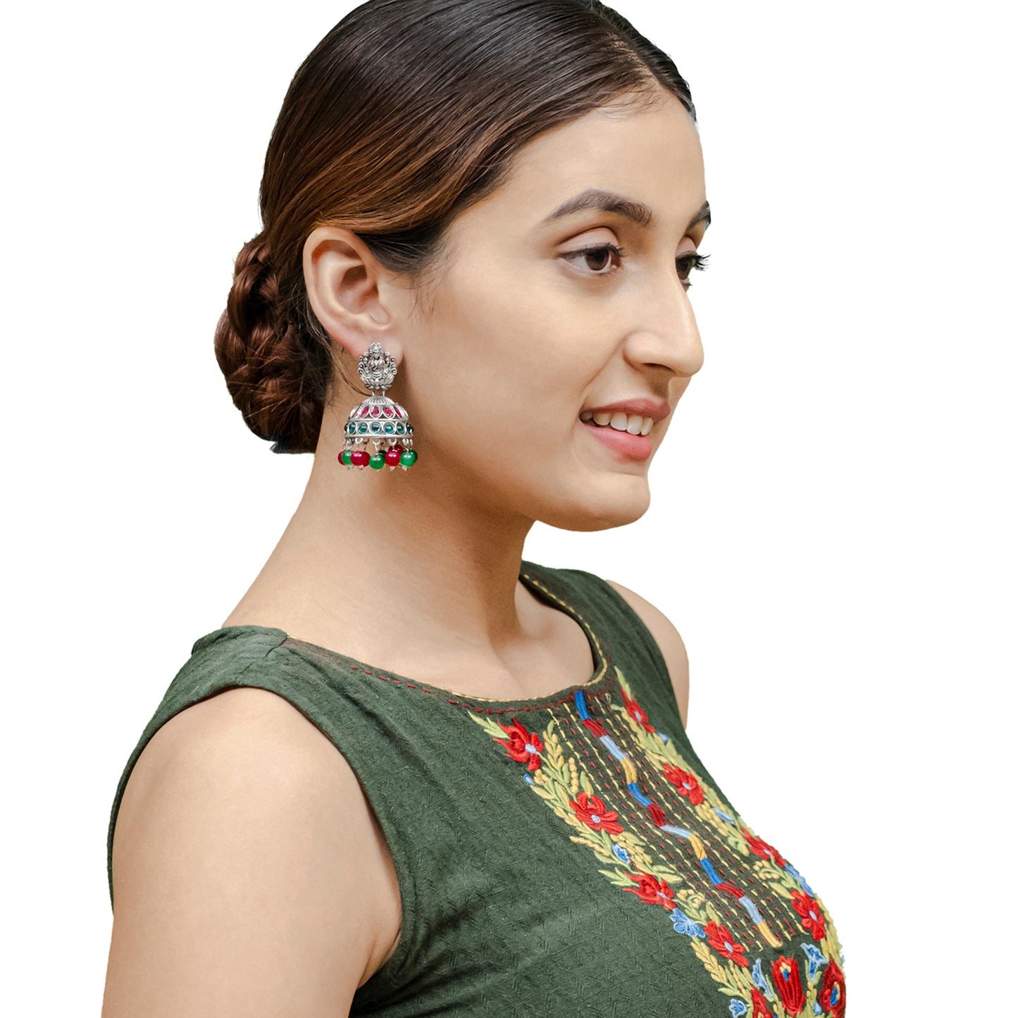 Traditional Indian Matte Silver Oxidised CZ Crystal Studded Temple Jhumka Earring For Women - Silver Maroon (SJE_102_S_M)