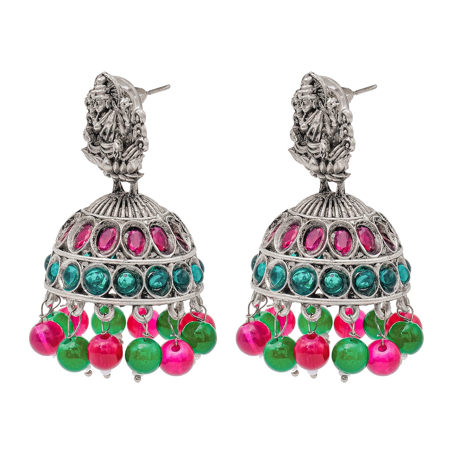 Traditional Indian Matte Silver Oxidised CZ Crystal Studded Temple Jhumka Earring For Women - Silver Maroon (SJE_102_S_M)