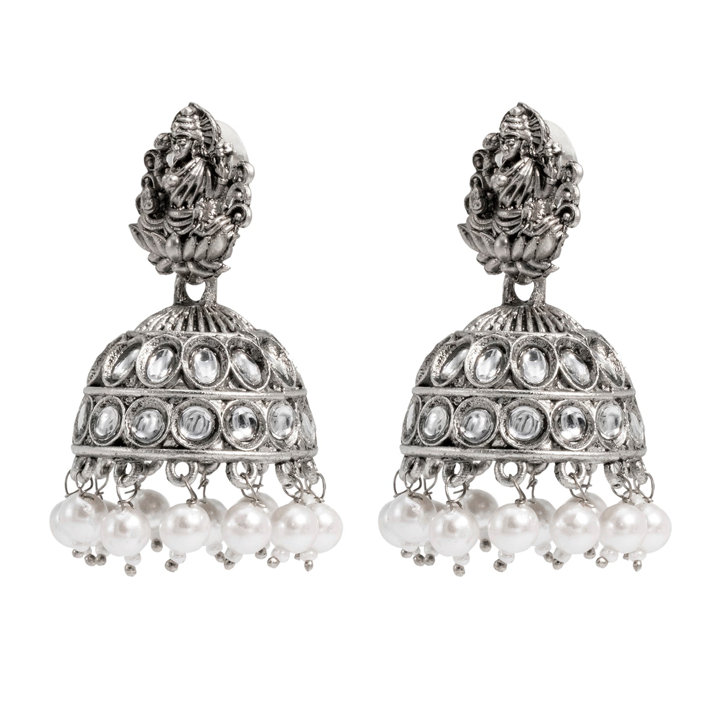 Traditional Indian Matte Silver Oxidised CZ Crystal Studded Temple Jhumka Earring For Women - Silver Maroon (SJE_102_S_M)