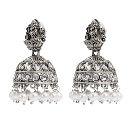 Traditional Indian Matte Silver Oxidised CZ Crystal Studded Temple Jhumka Earring For Women - Silver Maroon (SJE_102_S_M)