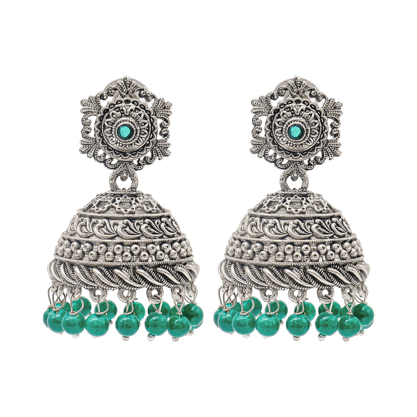 Traditional Indian Matte Silver Oxidised CZ Crystal Studded Jhumka Earring For Women - Silver Ruby Green (SJE_103_S_R_G)