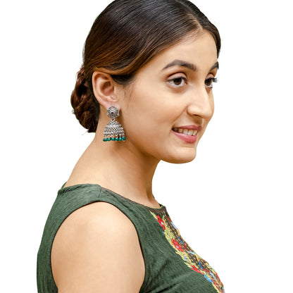 Traditional Indian Matte Silver Oxidised CZ Crystal Studded Jhumka Earring For Women - Silver Ruby Green (SJE_103_S_R_G)