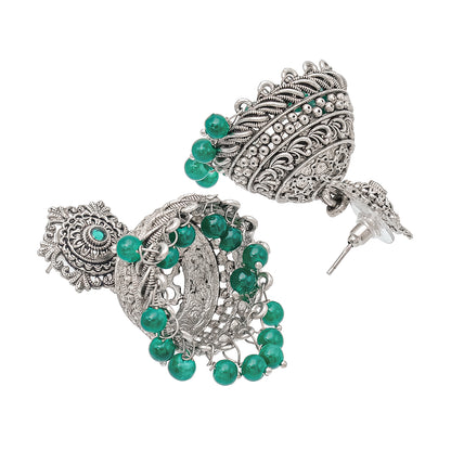 Traditional Indian Matte Silver Oxidised CZ Crystal Studded Jhumka Earring For Women - Silver Ruby Green (SJE_103_S_R_G)