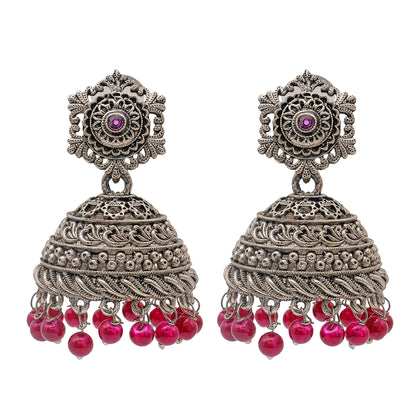 Traditional Indian Matte Silver Oxidised CZ Crystal Studded Jhumka Earring For Women - Silver Ruby Green (SJE_103_S_R_G)