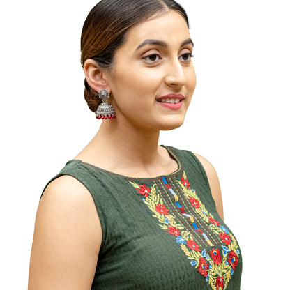 Traditional Indian Matte Silver Oxidised CZ Crystal Studded Jhumka Earring For Women - Silver Ruby Green (SJE_103_S_R_G)