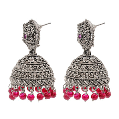 Traditional Indian Matte Silver Oxidised CZ Crystal Studded Jhumka Earring For Women - Silver Ruby Green (SJE_103_S_R_G)