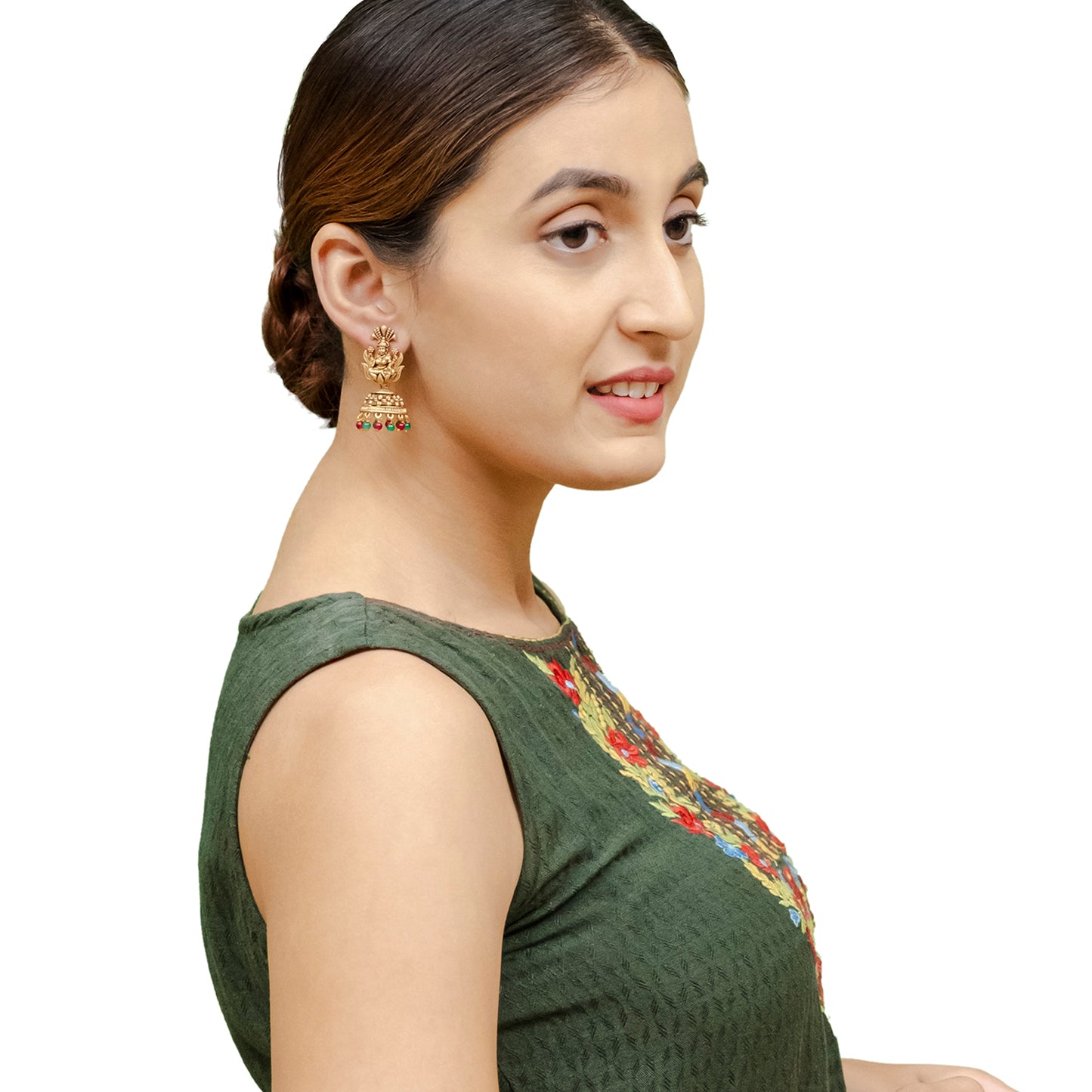 Traditional Indian Matte Gold Oxidised CZ Crystal Studded Temple Jhumka Earring For Women - Gold Ruby Green (SJE_104_G_R_G)