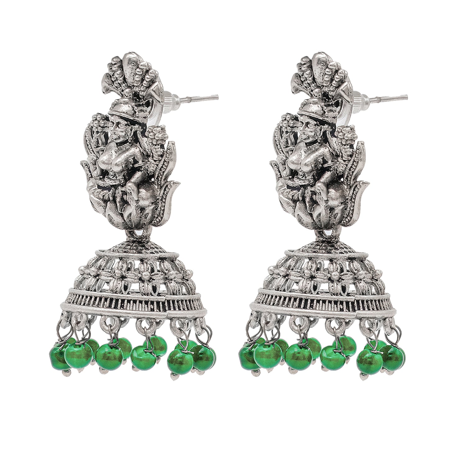 Traditional Indian Matte Silver Oxidised CZ Crystal Studded Temple Jhumka Earring For Women - Silver White (SJE_104_S_W)