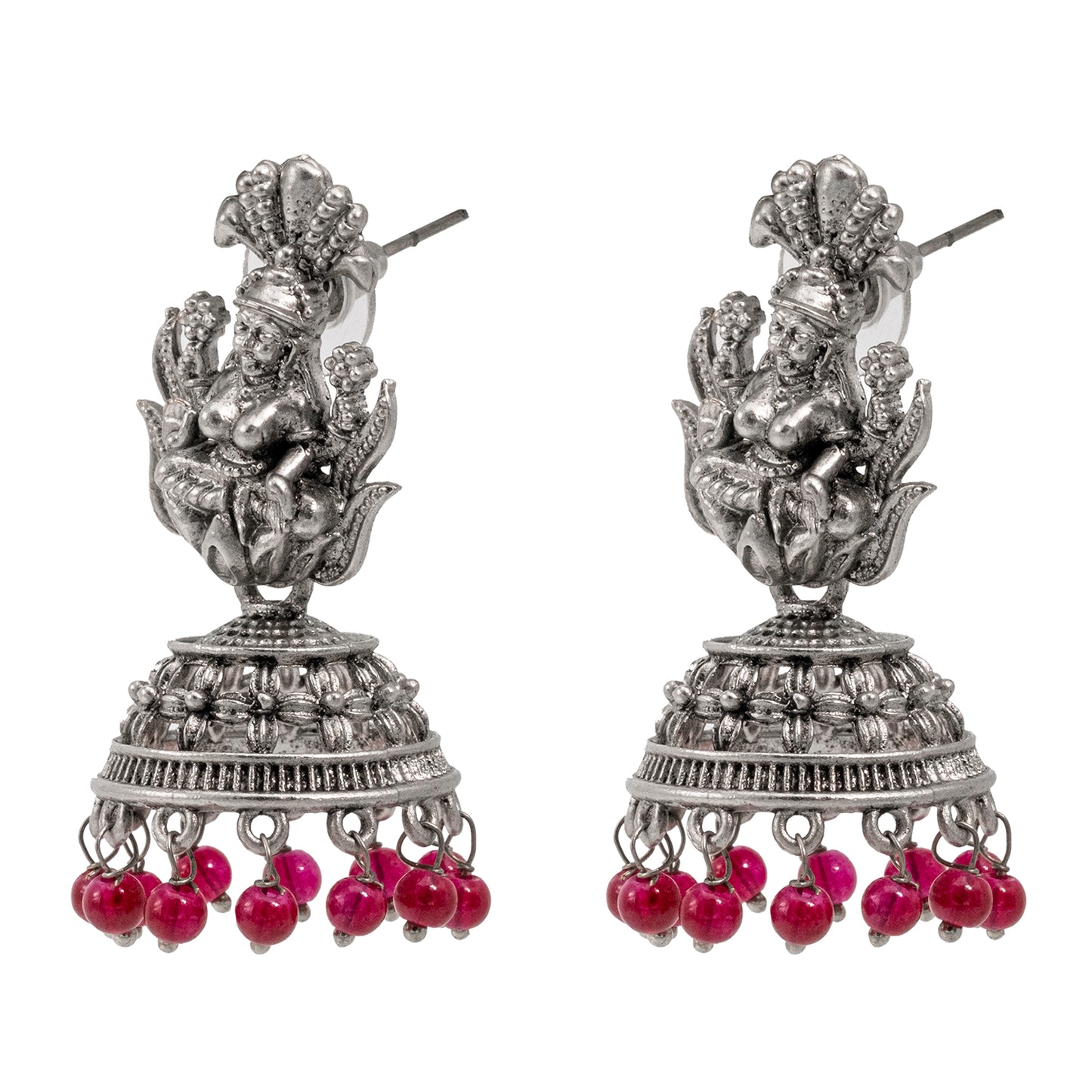 Traditional Indian Matte Silver Oxidised CZ Crystal Studded Temple Jhumka Earring For Women - Silver White (SJE_104_S_W)