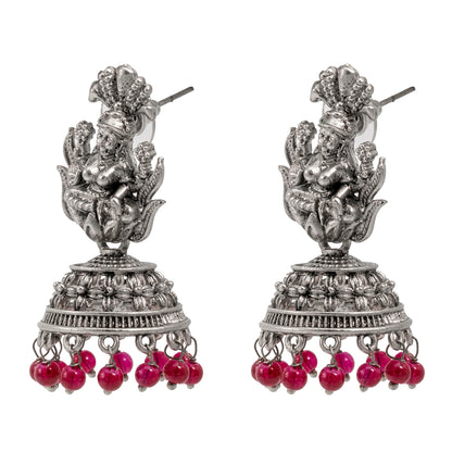 Traditional Indian Matte Silver Oxidised CZ Crystal Studded Temple Jhumka Earring For Women - Silver White (SJE_104_S_W)