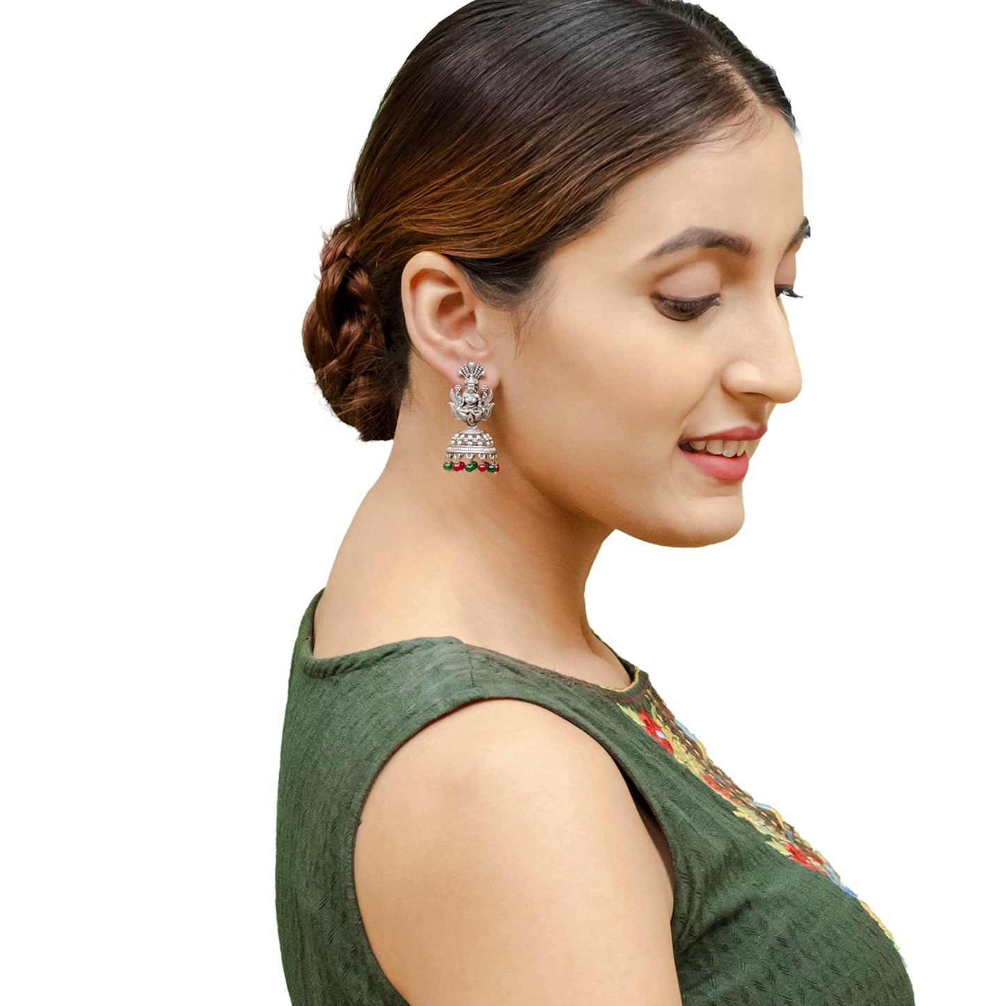 Traditional Indian Matte Silver Oxidised CZ Crystal Studded Temple Jhumka Earring For Women - Silver White (SJE_104_S_W)