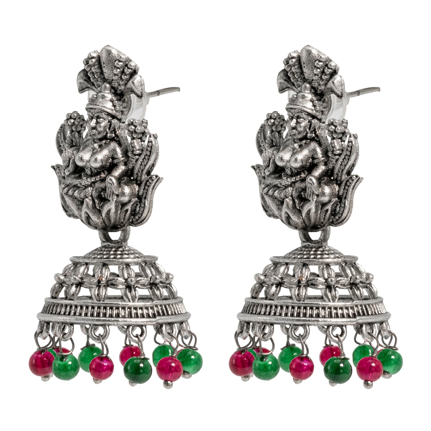 Traditional Indian Matte Silver Oxidised CZ Crystal Studded Temple Jhumka Earring For Women - Silver White (SJE_104_S_W)