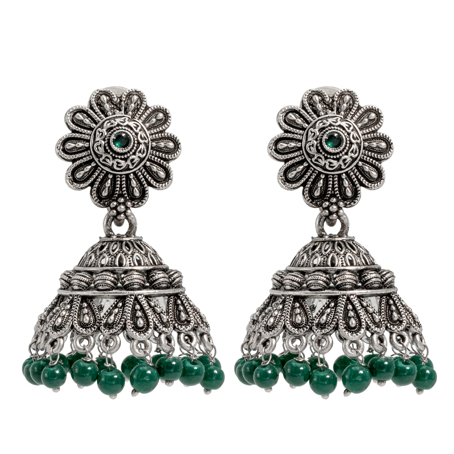 Traditional Indian Antique Silver Oxidised CZ Crystal Studded Jhumka Earring For Women - Silver Maroon (SJE_105_S_M)