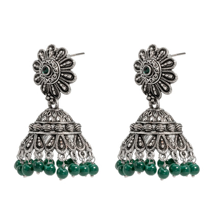 Traditional Indian Antique Silver Oxidised CZ Crystal Studded Jhumka Earring For Women - Silver Maroon (SJE_105_S_M)