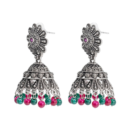 Traditional Indian Antique Silver Oxidised CZ Crystal Studded Jhumka Earring For Women - Silver Maroon (SJE_105_S_M)