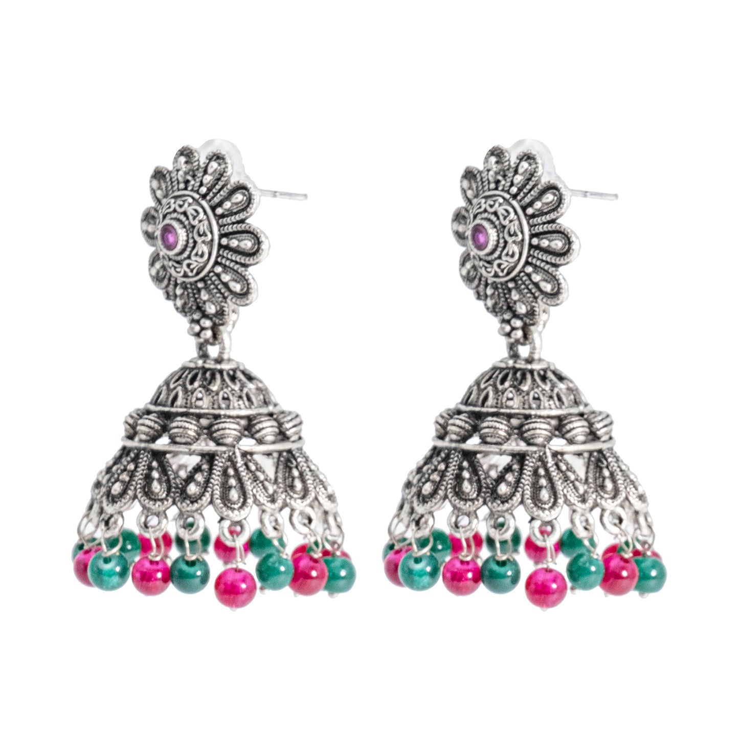 Traditional Indian Antique Silver Oxidised CZ Crystal Studded Jhumka Earring For Women - Silver Maroon (SJE_105_S_M)