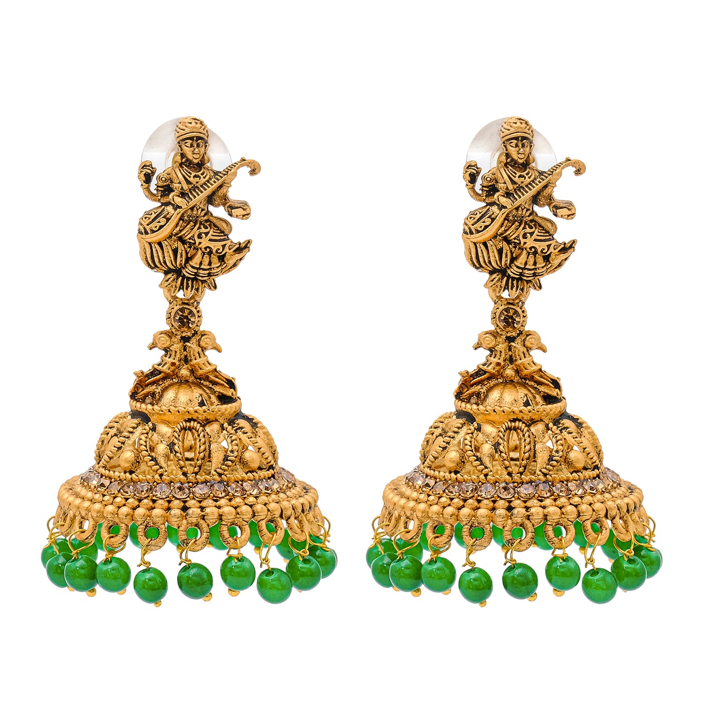 Traditional Indian Matte Gold Oxidised CZ Crystal Studded Temple Jhumka Earring For Women - Gold White (SJE_106_G_W)