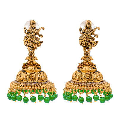 Traditional Indian Matte Gold Oxidised CZ Crystal Studded Temple Jhumka Earring For Women - Gold White (SJE_106_G_W)