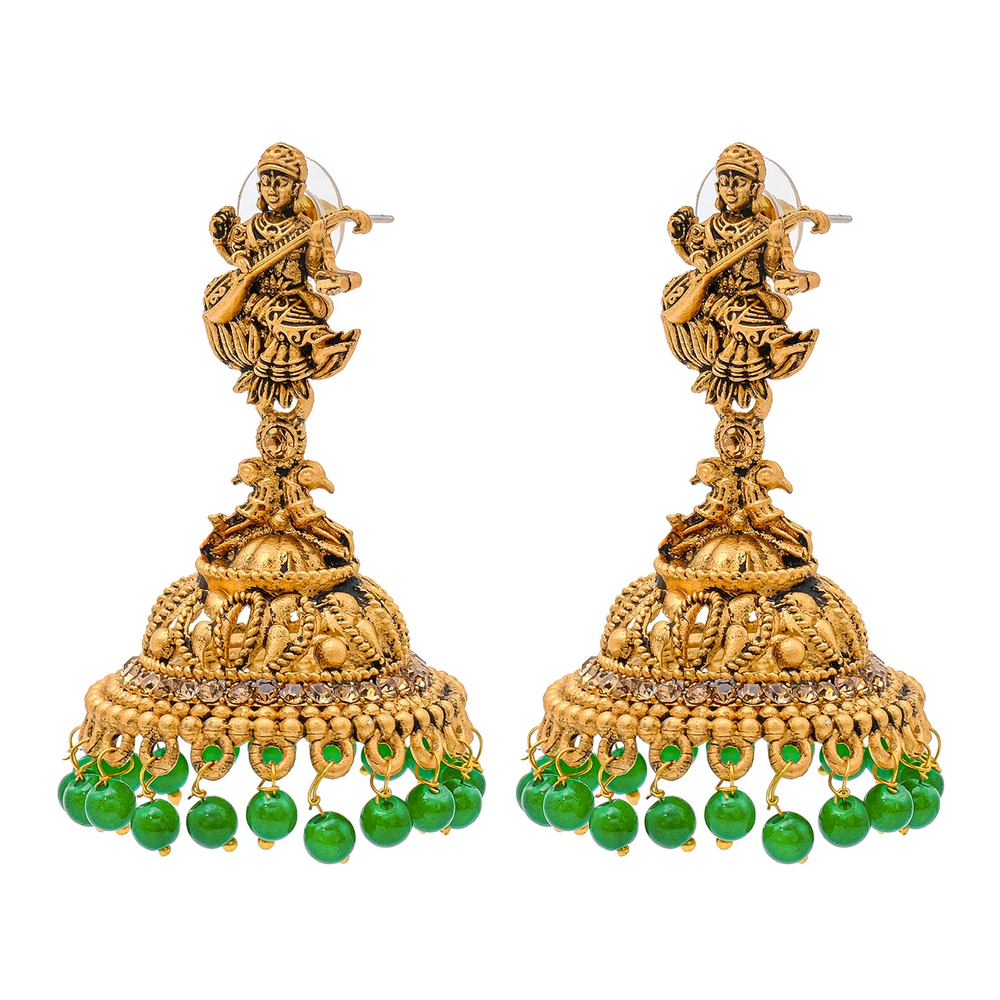 Traditional Indian Matte Gold Oxidised CZ Crystal Studded Temple Jhumka Earring For Women - Gold White (SJE_106_G_W)