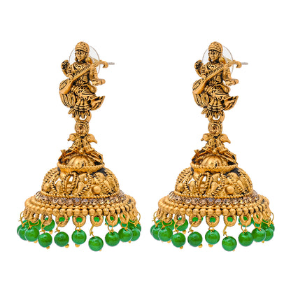 Traditional Indian Matte Gold Oxidised CZ Crystal Studded Temple Jhumka Earring For Women - Gold White (SJE_106_G_W)