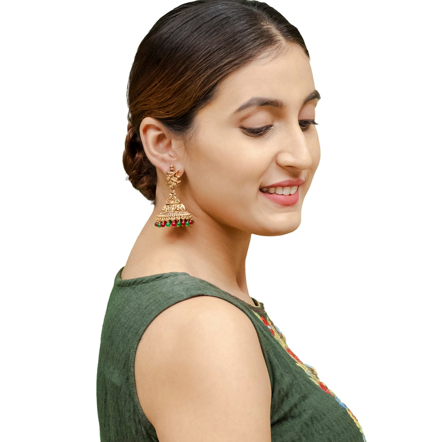 Traditional Indian Matte Gold Oxidised CZ Crystal Studded Temple Jhumka Earring For Women - Gold Ruby Green (SJE_106_G_R_G)