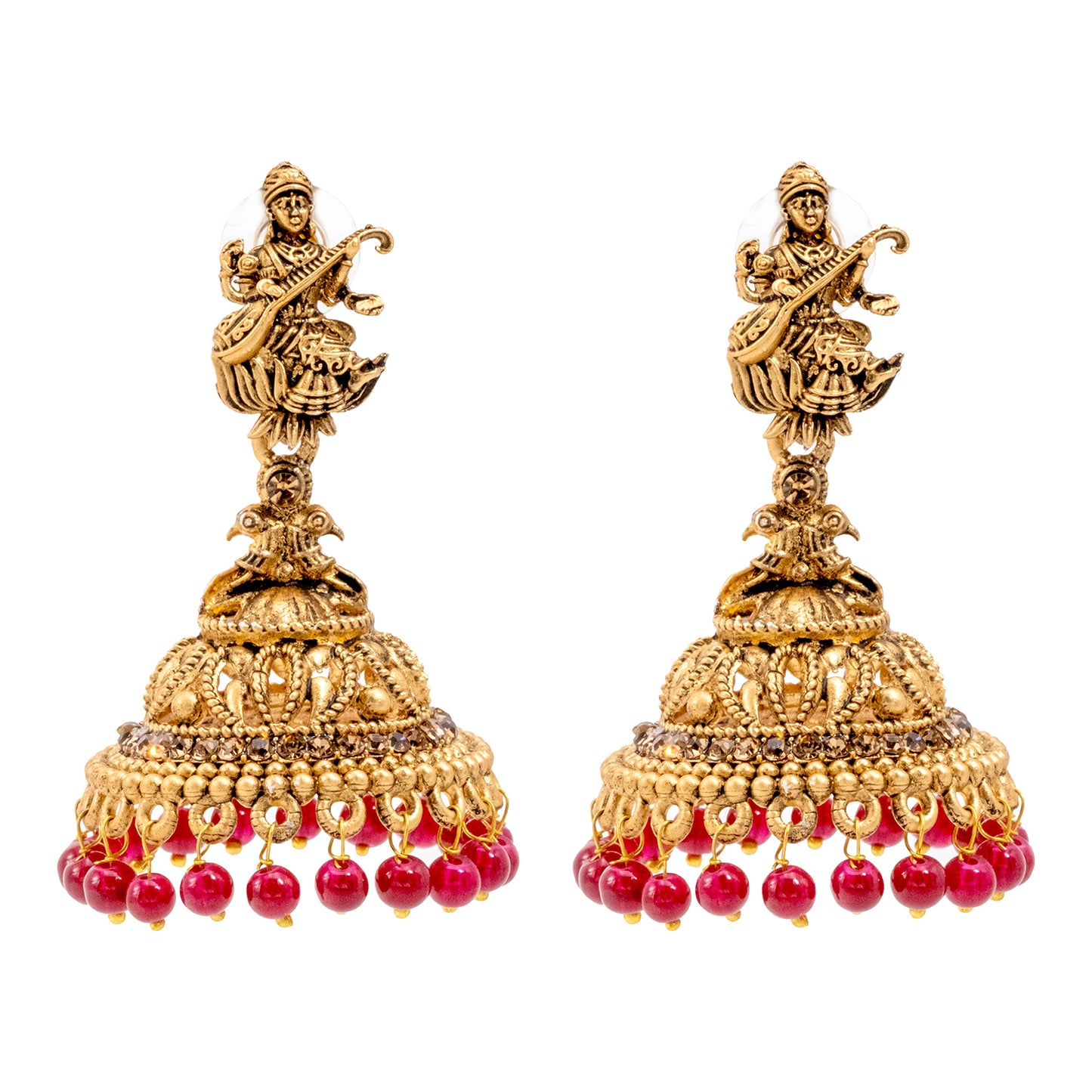 Traditional Indian Matte Gold Oxidised CZ Crystal Studded Temple Jhumka Earring For Women - Gold White (SJE_106_G_W)