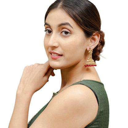 Traditional Indian Matte Gold Oxidised CZ Crystal Studded Temple Jhumka Earring For Women - Gold White (SJE_106_G_W)