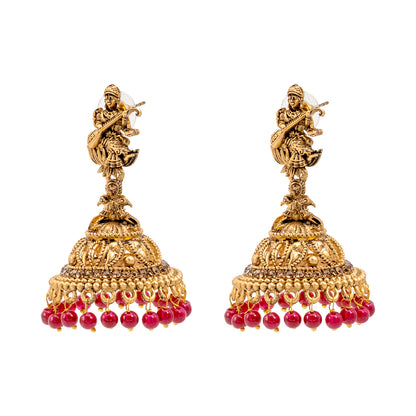 Traditional Indian Matte Gold Oxidised CZ Crystal Studded Temple Jhumka Earring For Women - Gold White (SJE_106_G_W)