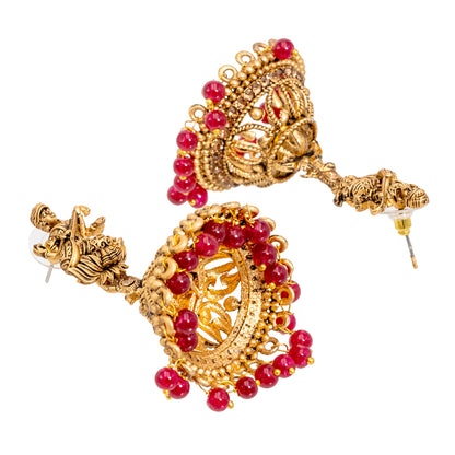 Traditional Indian Matte Gold Oxidised CZ Crystal Studded Temple Jhumka Earring For Women - Gold White (SJE_106_G_W)