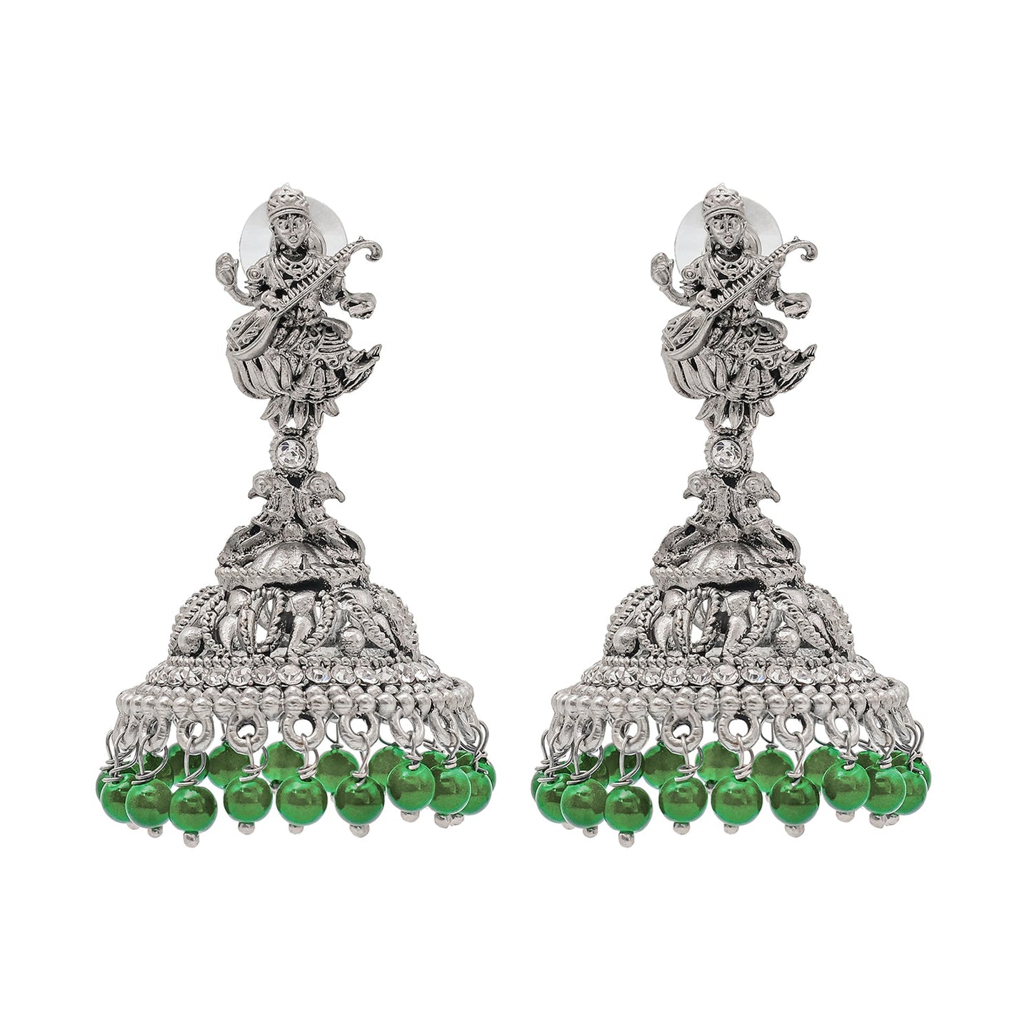 Shining Jewel Traditional Indian Matte Silver Oxidised CZ, Crystal Studded Temple Jhumka Earring For Women - Silver Green (SJE_106_S_G)