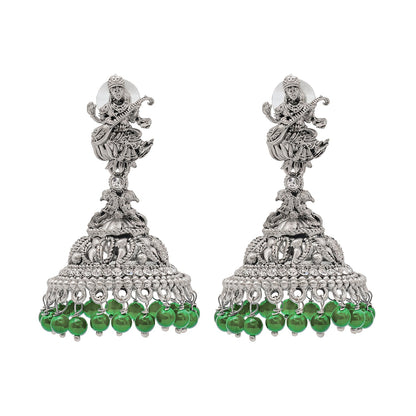 Shining Jewel Traditional Indian Matte Silver Oxidised CZ, Crystal Studded Temple Jhumka Earring For Women - Silver Green (SJE_106_S_G)