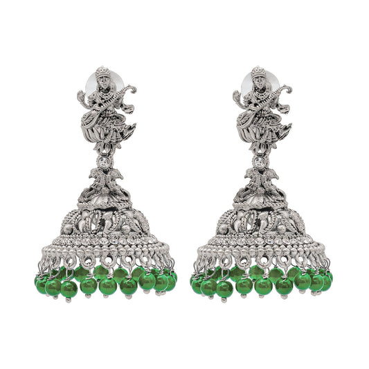 Shining Jewel Traditional Indian Matte Silver Oxidised CZ, Crystal Studded Temple Jhumka Earring For Women - Silver Green (SJE_106_S_G)