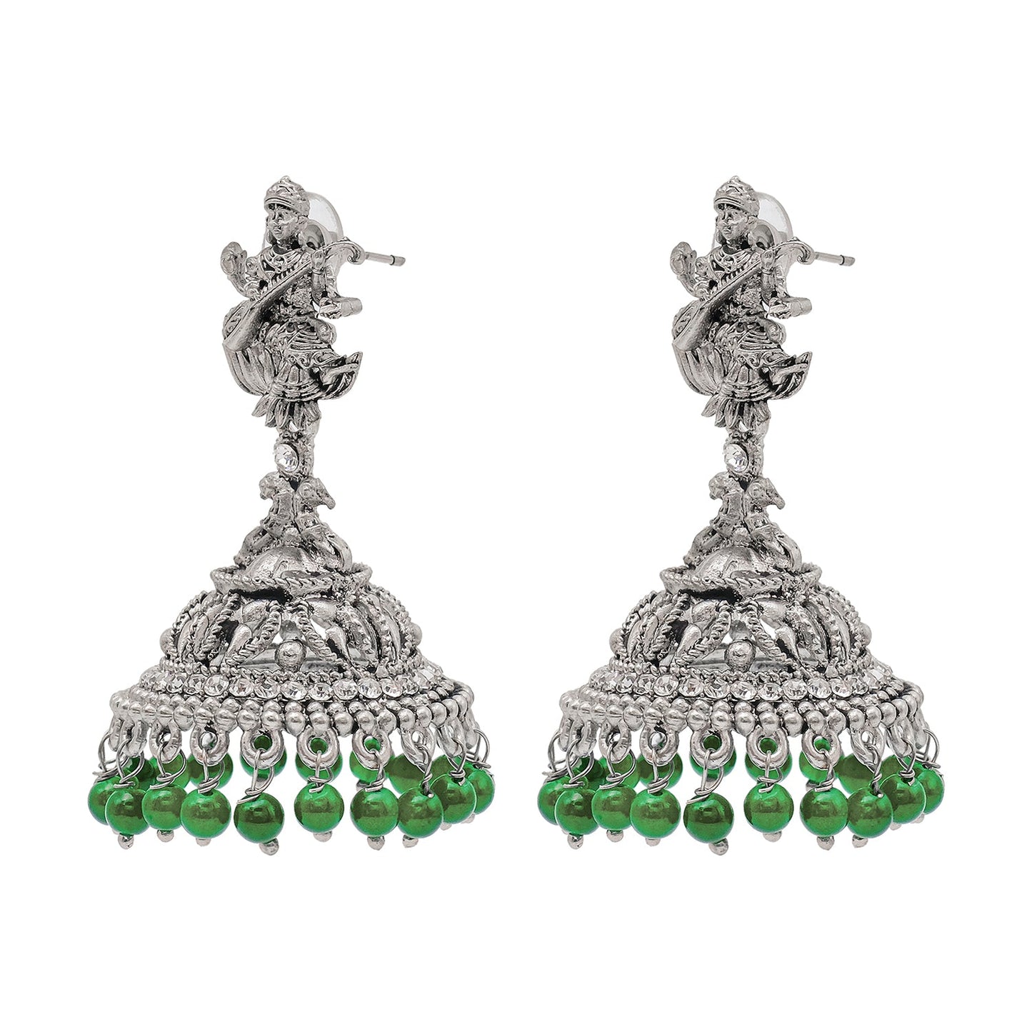 Shining Jewel Traditional Indian Matte Silver Oxidised CZ, Crystal Studded Temple Jhumka Earring For Women - Silver Green (SJE_106_S_G)