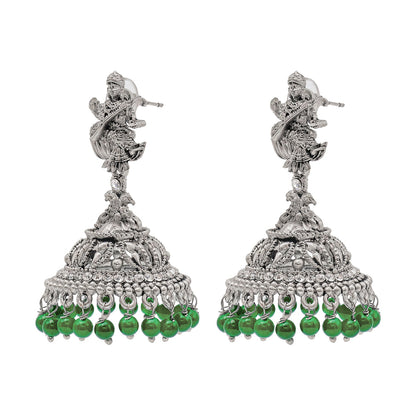 Shining Jewel Traditional Indian Matte Silver Oxidised CZ, Crystal Studded Temple Jhumka Earring For Women - Silver Green (SJE_106_S_G)