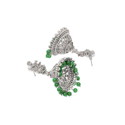 Shining Jewel Traditional Indian Matte Silver Oxidised CZ, Crystal Studded Temple Jhumka Earring For Women - Silver Green (SJE_106_S_G)