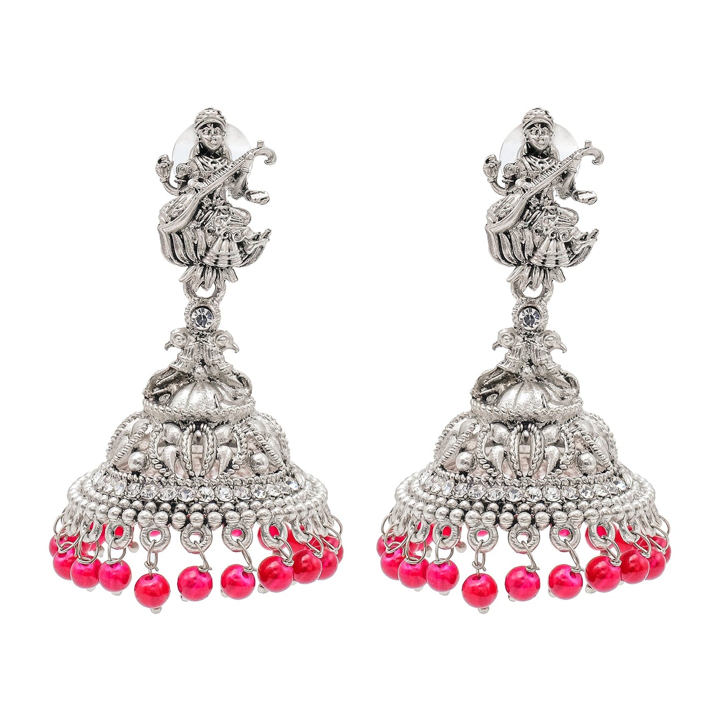 Shining Jewel Traditional Indian Matte Silver Oxidised CZ, Crystal Studded Temple Jhumka Earring For Women - Silver Maroon (SJE_106_S_M)