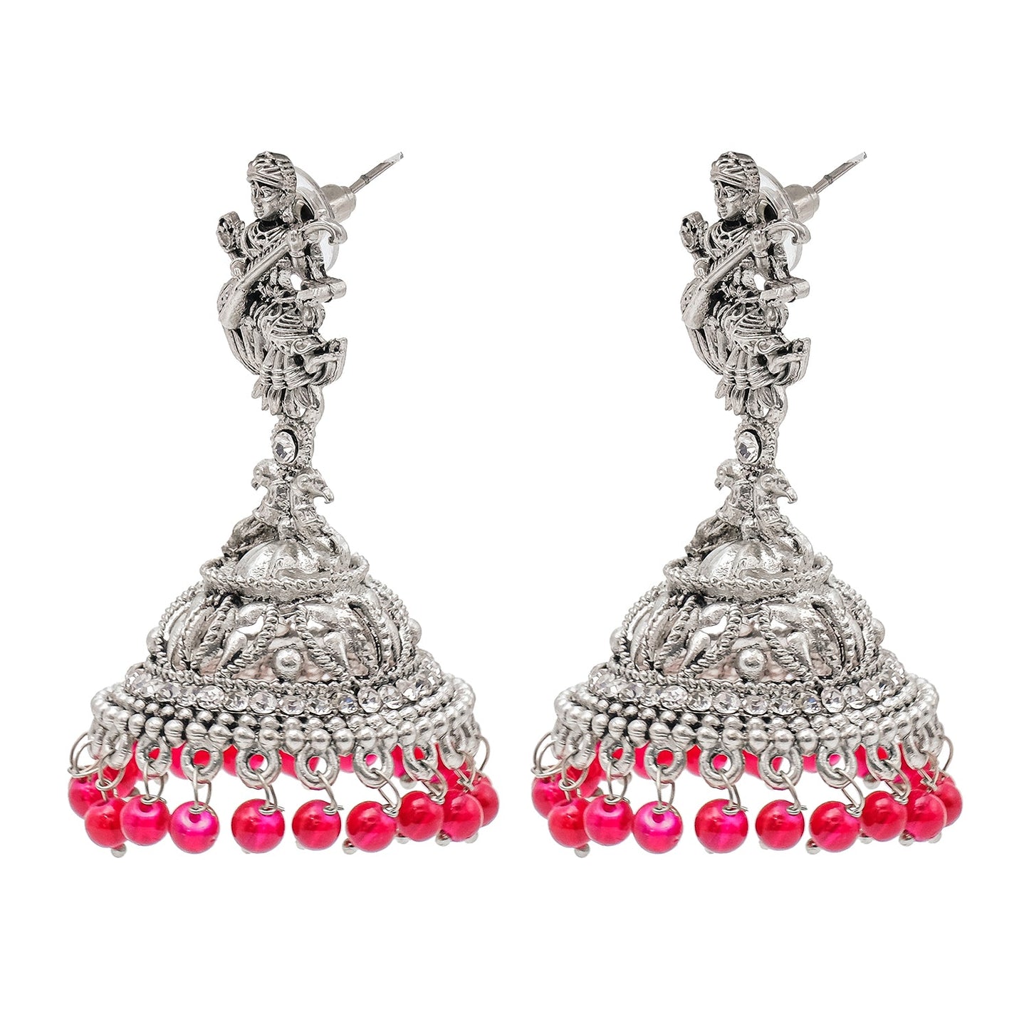 Shining Jewel Traditional Indian Matte Silver Oxidised CZ, Crystal Studded Temple Jhumka Earring For Women - Silver Maroon (SJE_106_S_M)