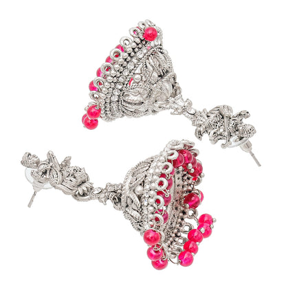 Shining Jewel Traditional Indian Matte Silver Oxidised CZ, Crystal Studded Temple Jhumka Earring For Women - Silver Maroon (SJE_106_S_M)