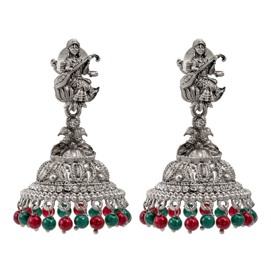 Shining Jewel Traditional Indian Matte Silver Oxidised CZ, Crystal Studded Temple Jhumka Earring For Women - Silver Ruby Green (SJE_106_S_R_G)