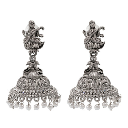 Shining Jewel Traditional Indian Matte Silver Oxidised CZ, Crystal Studded Temple Jhumka Earring For Women - Silver White (SJE_106_S_W)