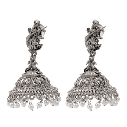 Shining Jewel Traditional Indian Matte Silver Oxidised CZ, Crystal Studded Temple Jhumka Earring For Women - Silver White (SJE_106_S_W)