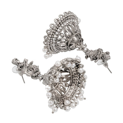 Shining Jewel Traditional Indian Matte Silver Oxidised CZ, Crystal Studded Temple Jhumka Earring For Women - Silver White (SJE_106_S_W)