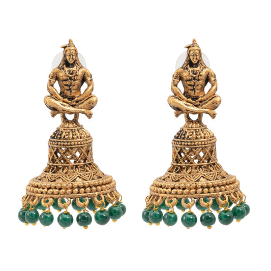 Shining Jewel Traditional Indian Matte Gold Oxidised CZ, Crystal Studded Temple Jhumka Earring For Women - Gold Green (SJE_107_G_G)