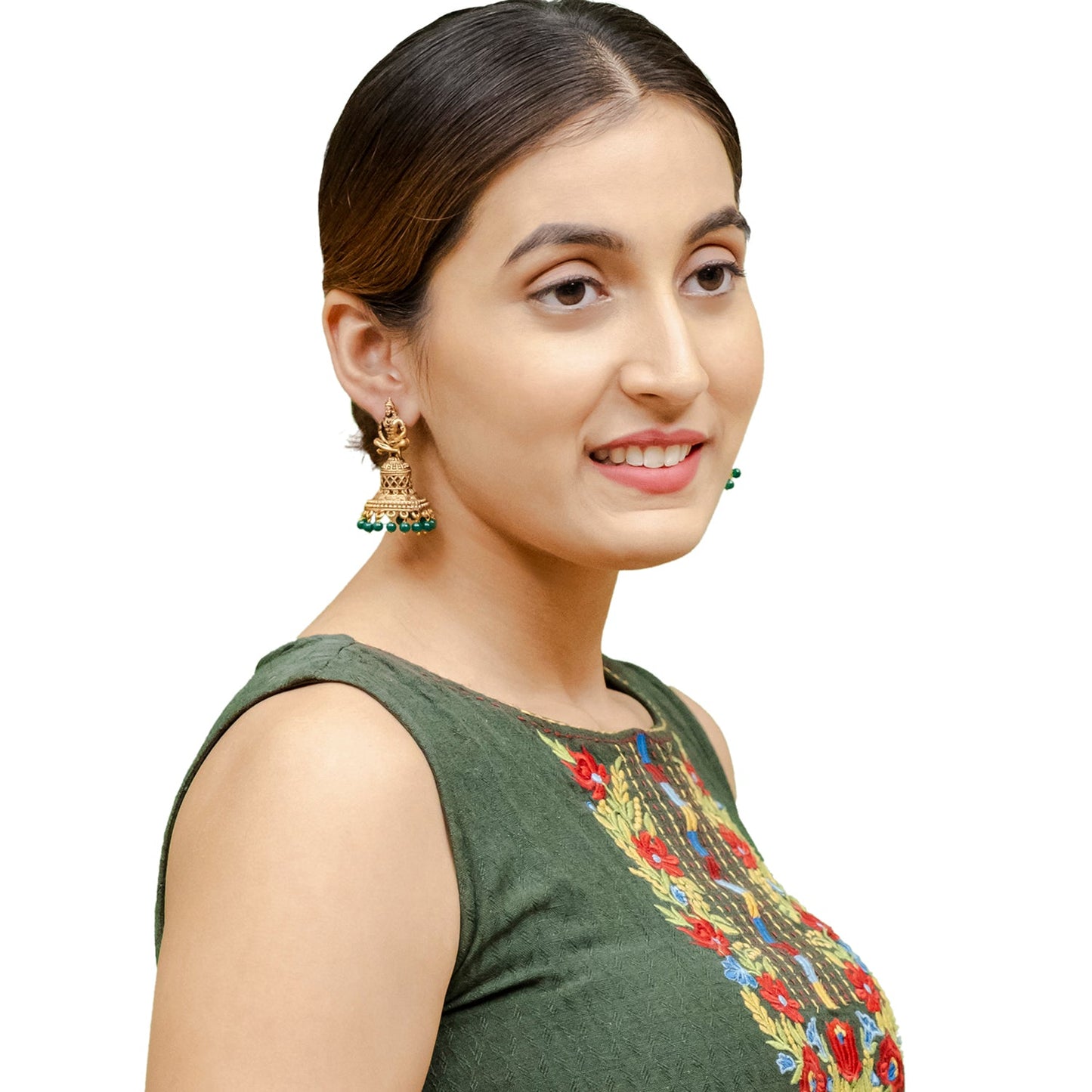 Shining Jewel Traditional Indian Matte Gold Oxidised CZ, Crystal Studded Temple Jhumka Earring For Women - Gold Green (SJE_107_G_G)