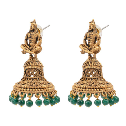 Shining Jewel Traditional Indian Matte Gold Oxidised CZ, Crystal Studded Temple Jhumka Earring For Women - Gold Green (SJE_107_G_G)