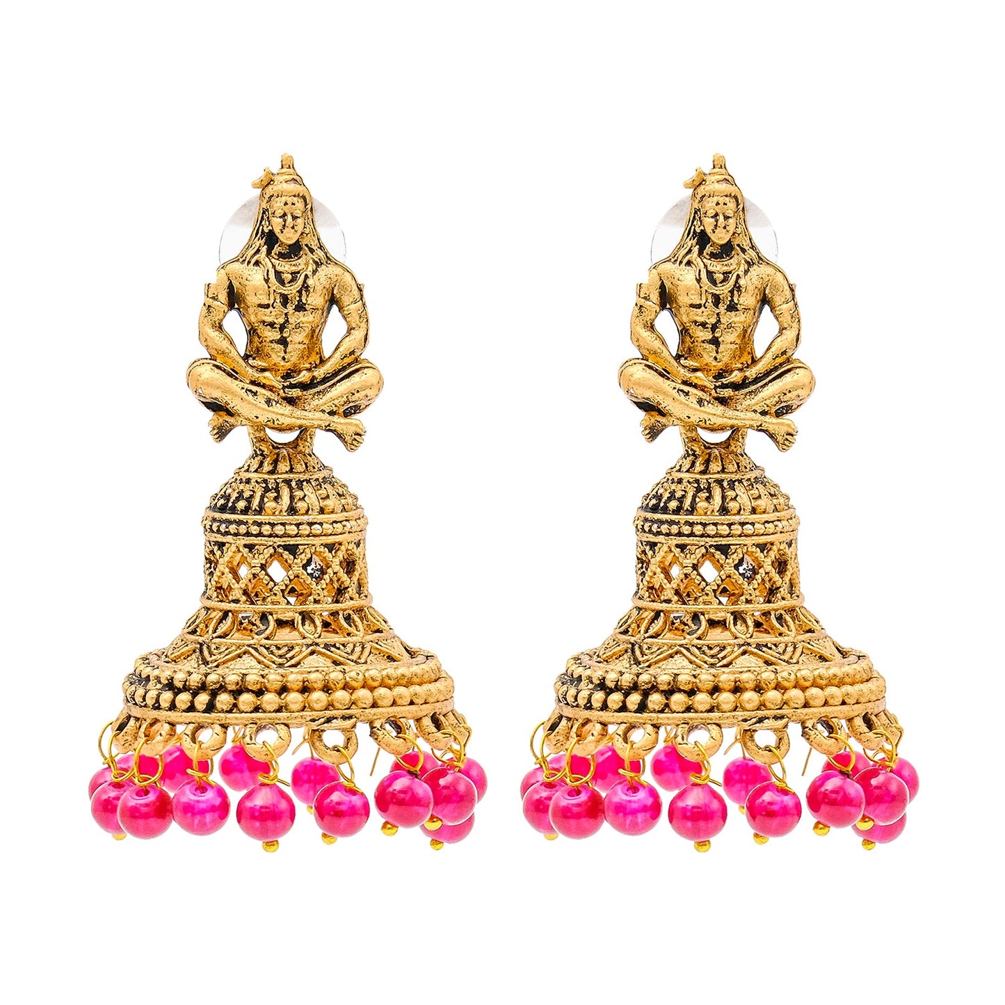 Shining Jewel Traditional Indian Matte Gold Oxidised CZ, Crystal Studded Temple Jhumka Earring For Women - Gold Maroon (SJE_107_G_M)