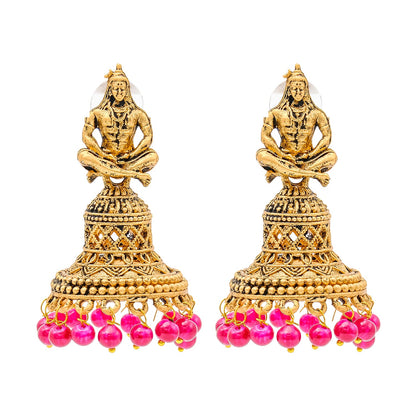 Shining Jewel Traditional Indian Matte Gold Oxidised CZ, Crystal Studded Temple Jhumka Earring For Women - Gold Maroon (SJE_107_G_M)